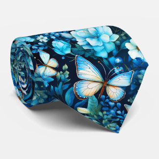 Beautiful Blue Flowers and Butterflies  Neck Tie