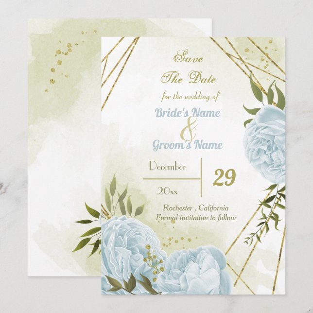 beautiful blue flowers green leaves botanical save the date (Front/Back)