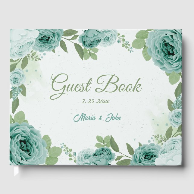 beautiful blue flowers greenery botanical wedding guest book (Front)
