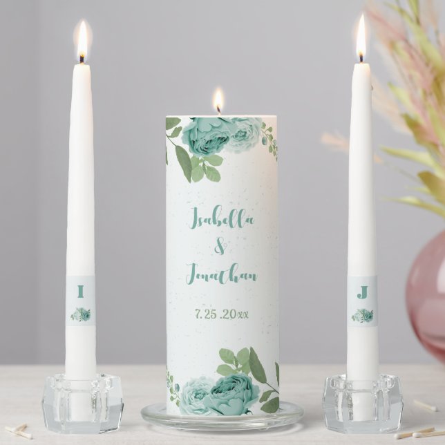 beautiful blue flowers greenery botanical wedding unity candle set (In Situ)