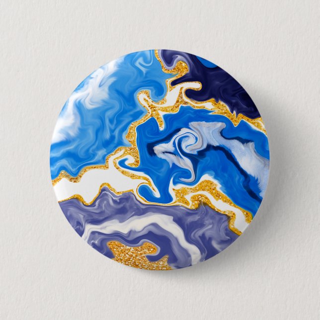 Beautiful Blue, Gold and White Swirls like Water   Button (Front)