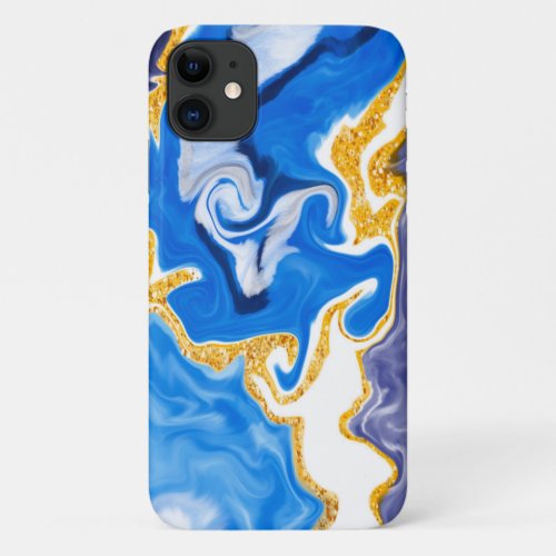 Beautiful Blue Gold and White Swirls like Water   iPhone 11 Case