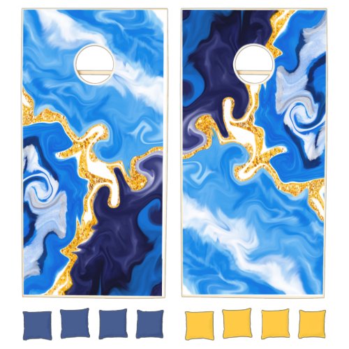 Beautiful Blue Gold and White Swirls like Water  Cornhole Set