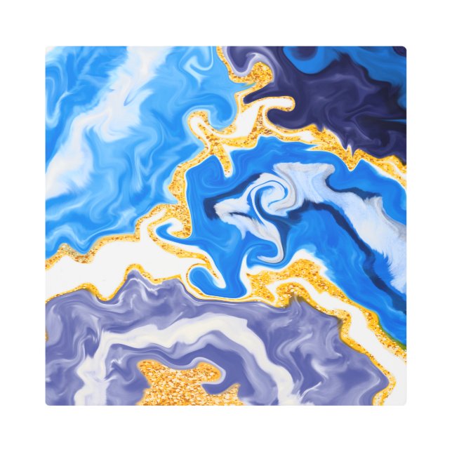 Beautiful Blue, Gold and White Swirls like Water  Metal Print (Front)