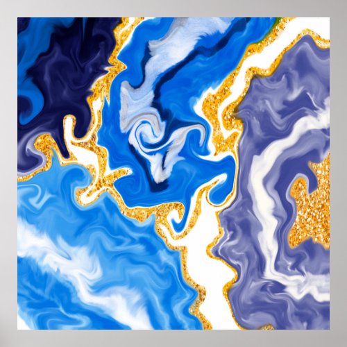 Beautiful Blue Gold and White Swirls like Water  Poster