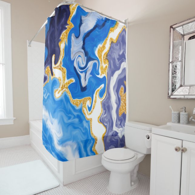 Beautiful Blue, Gold and White Swirls like Water   Shower Curtain (In Situ)