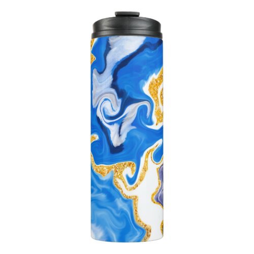 Beautiful Blue Gold and White Swirls like Water   Thermal Tumbler