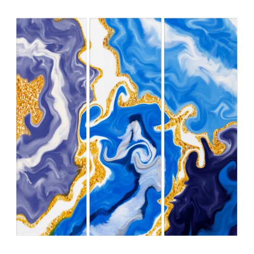 Beautiful Blue Gold and White Swirls like Water   Triptych