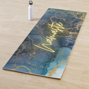 Beautiful Blue Gold Marble Ink Custom Name Yoga Mat