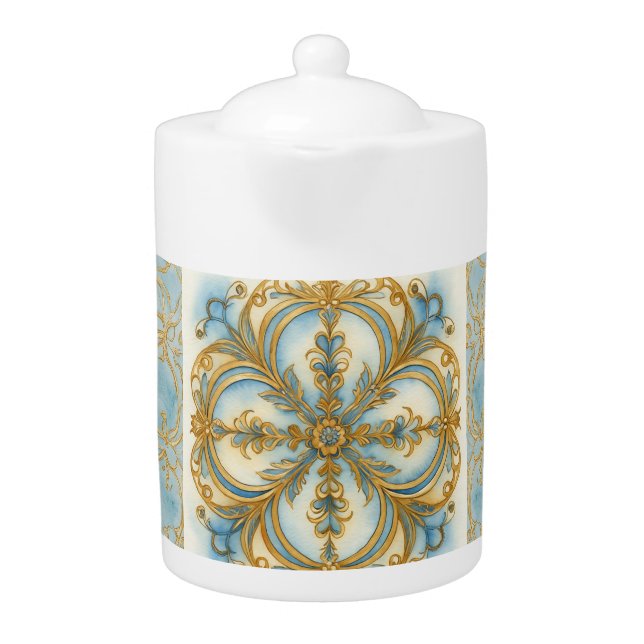 Beautiful Blue Gold Mozaik Pattern, Vintage Style Teapot (Front)