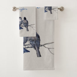 Beautiful Blue Gray Birds on a Branch Custom Name Bath Towel Set