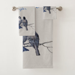 Beautiful Blue Gray Birds on a Branch Custom Name Bath Towel Set