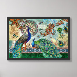 Beautiful Blue Green Feather Peacock Bird Floral Framed Art