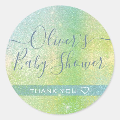 Beautiful Blue Green Glitter Baby Shower Thank You Classic Round Sticker