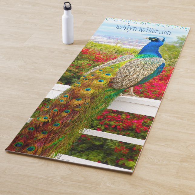 Beautiful Blue Green Peacock Stylish Custom Name Yoga Mat (In Situ)