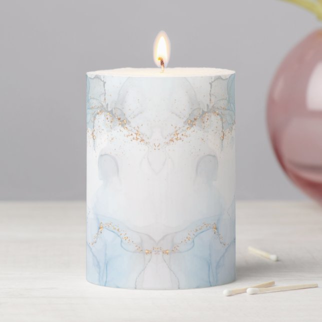 Beautiful Blue Grey Gold Marble Elegant Agate Art Pillar Candle (In Situ)