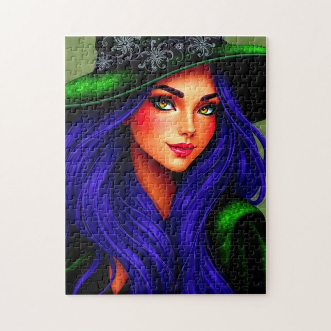 Beautiful Blue-Haired Halloween Witch  Jigsaw Puzzle (Vertical)