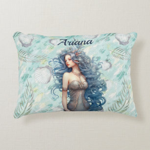 Beautiful Blue-Haired Mermaid Accent Pillow