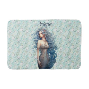 Beautiful Blue-Haired Mermaid  Bath Mat
