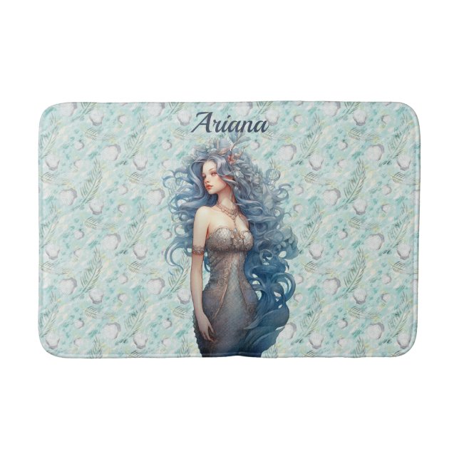 Beautiful Blue-Haired Mermaid  Bath Mat (Front)