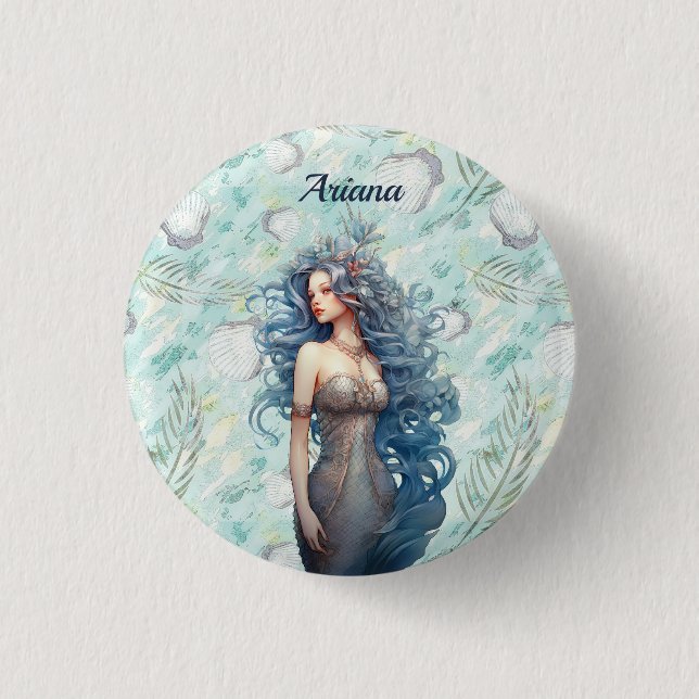 Beautiful Blue-Haired Mermaid  Button (Front)
