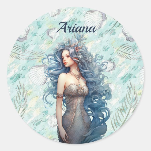 Beautiful Blue-Haired Mermaid  Classic Round Sticker (Front)