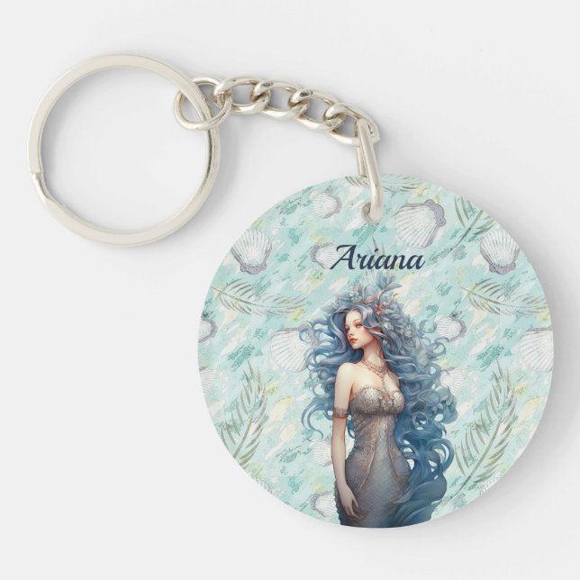 Beautiful Blue-Haired Mermaid  Keychain (Front)