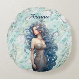 Beautiful Blue-Haired Mermaid Round Pillow