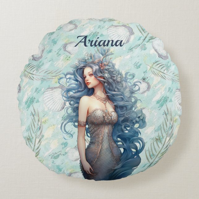 Beautiful Blue-Haired Mermaid  Round Pillow (Front)