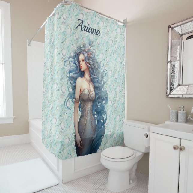 Beautiful Blue-Haired Mermaid  Shower Curtain (In Situ)
