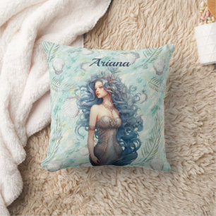 Beautiful Blue-Haired Mermaid Throw Pillow