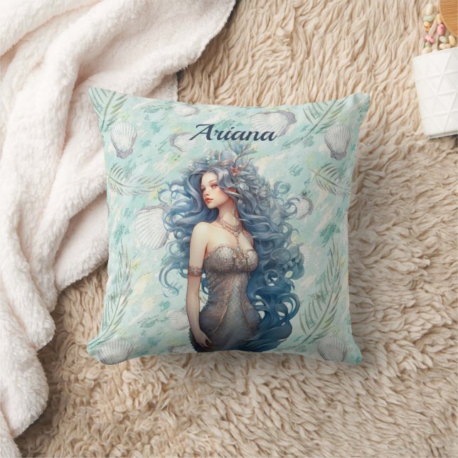 Beautiful Blue-Haired Mermaid  Throw Pillow (Blanket)