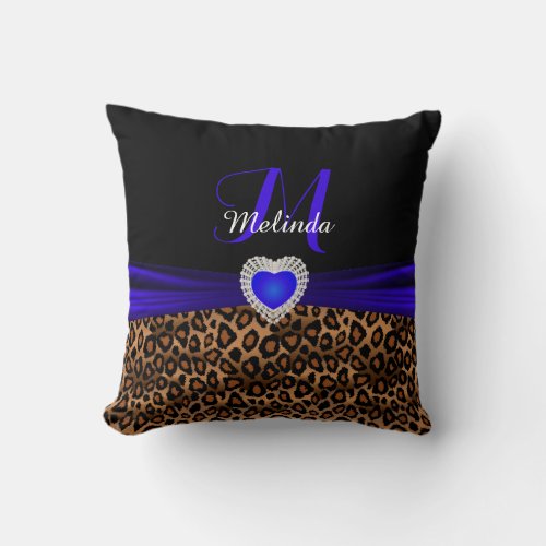 Beautiful Blue Heart Leopard Animal Print Throw Pillow