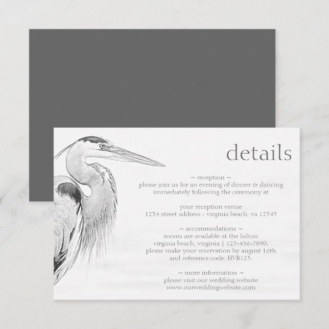 Beautiful Blue Heron Bird Sketch Wedding Details Enclosure Card (Front/Back)