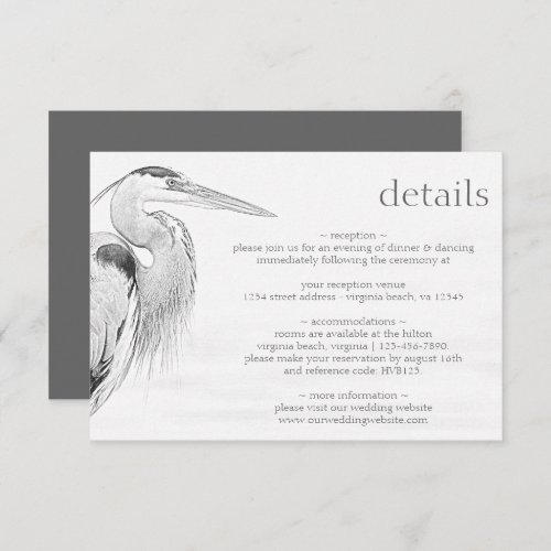 Beautiful Blue Heron Bird Sketch Wedding Details Enclosure Card