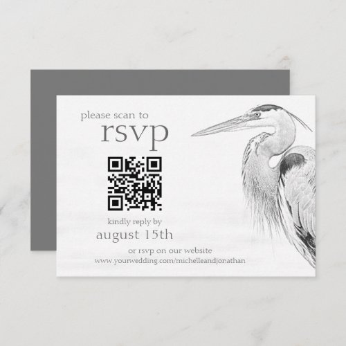 Beautiful Blue Heron Bird Sketch Wedding QR Code RSVP Card