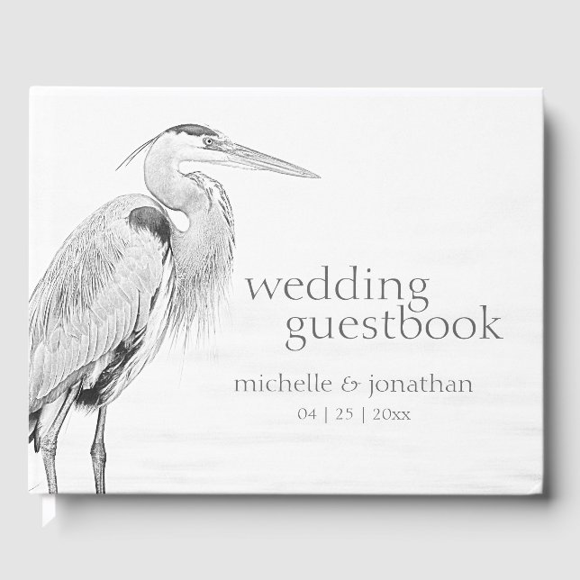 Beautiful Blue Heron Water Bird Sketch Wedding Guest Book (Front)