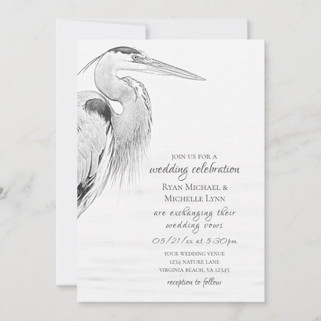 Beautiful Blue Heron Water Bird Sketch Wedding Invitation (Front)
