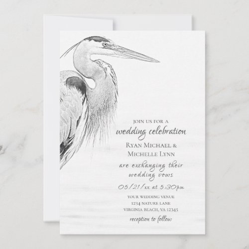 Beautiful Blue Heron Water Bird Sketch Wedding Invitation
