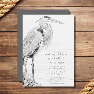 Beautiful Blue Heron Water Bird Sketch Wedding Invitation