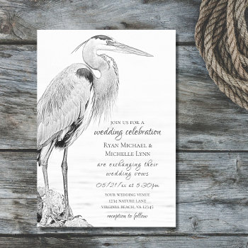 Beautiful Blue Heron Water Bird Sketch Wedding Invitation by TheBeachBum at Zazzle