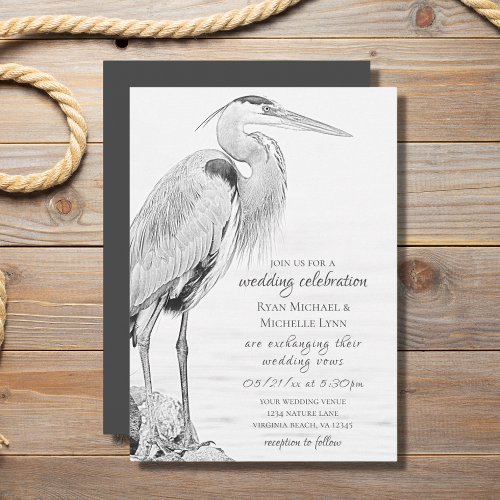 Beautiful Blue Heron Water Bird Sketch Wedding Invitation