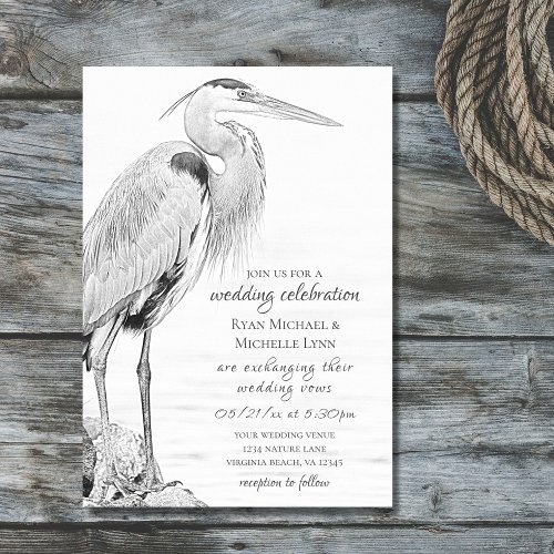 Beautiful Blue Heron Water Bird Sketch Wedding Invitation