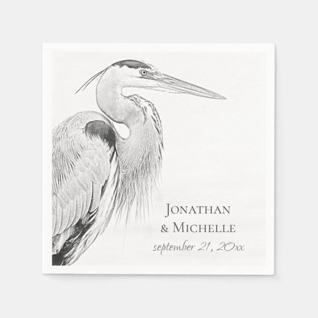 Beautiful Blue Heron Water Bird Sketch Wedding Napkins (Front)