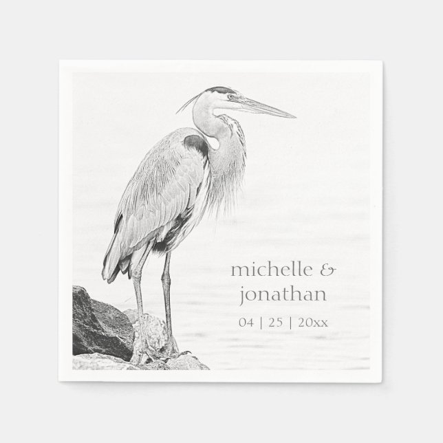 Beautiful Blue Heron Water Bird Sketch Wedding Napkins (Front)