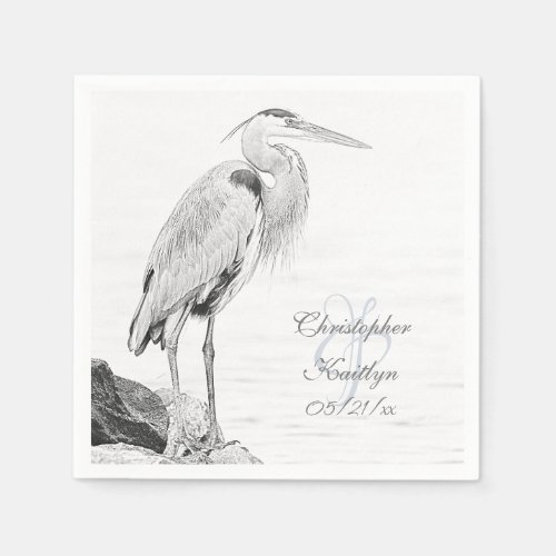 Beautiful Blue Heron Water Bird Sketch Wedding Napkins