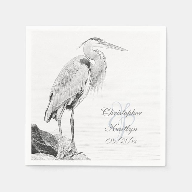 Beautiful Blue Heron Water Bird Sketch Wedding Napkins (Front)