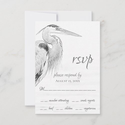 Beautiful Blue Heron Water Bird Sketch Wedding RSVP Card