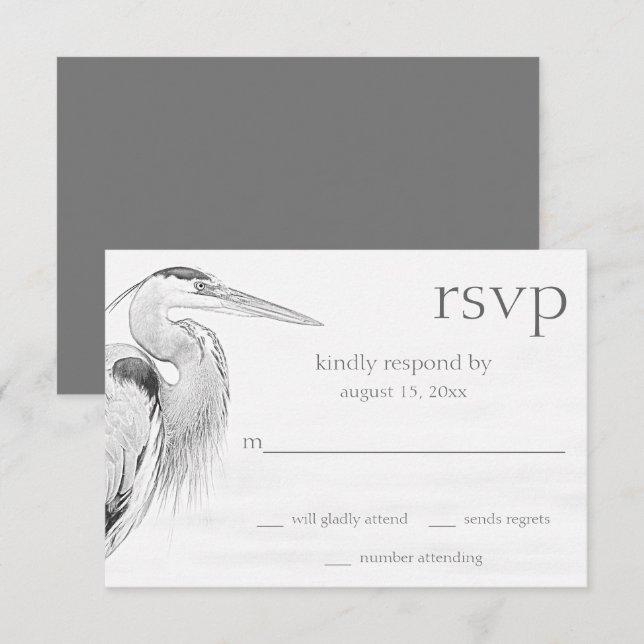 Beautiful Blue Heron Water Bird Sketch Wedding RSVP Card (Front/Back)
