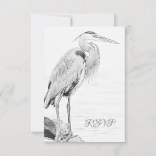 Beautiful Blue Heron Water Bird Sketch Wedding RSVP Card